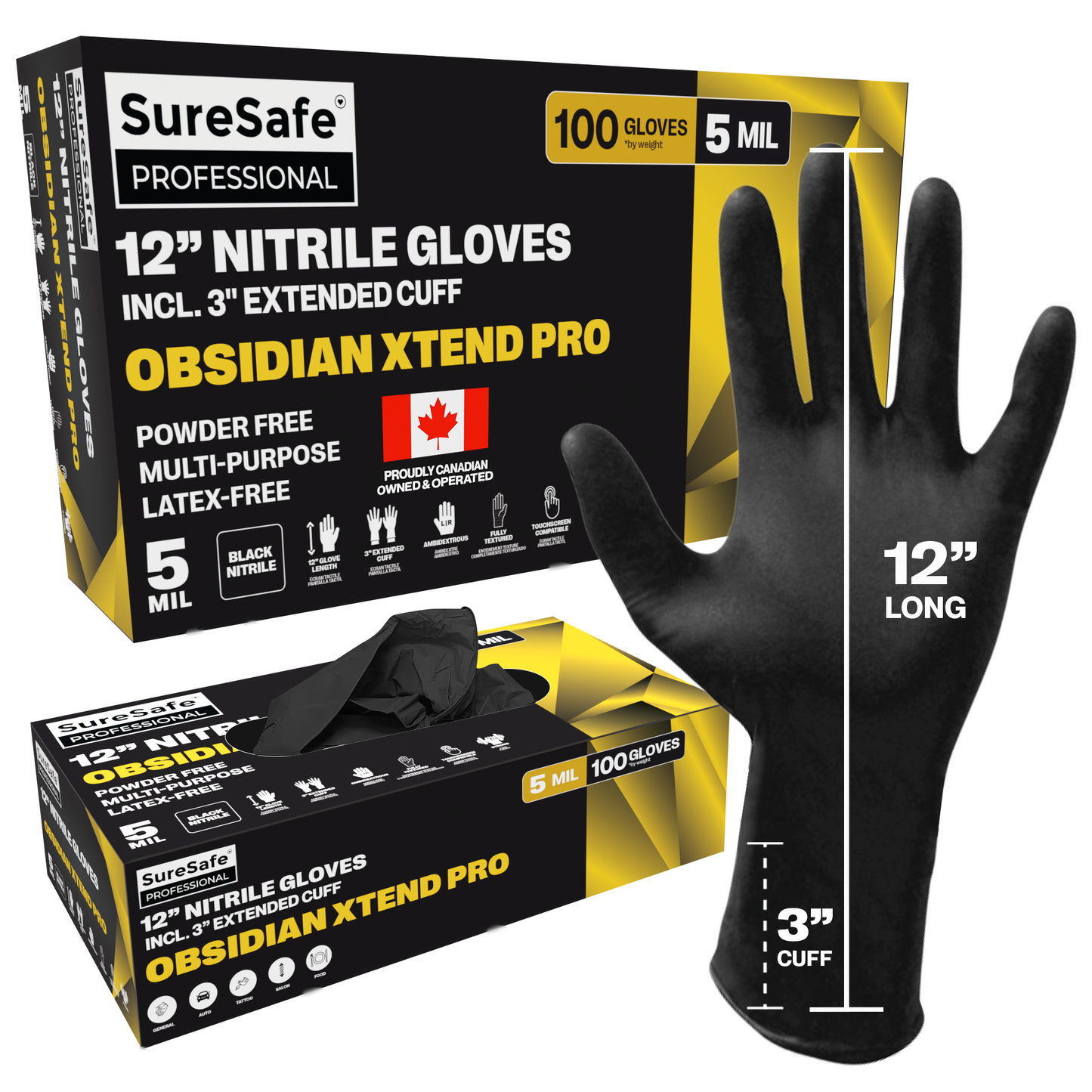 SureSafe OBSIDIAN XTEND 12" Black Nitrile Disposable Gloves, 5MIL