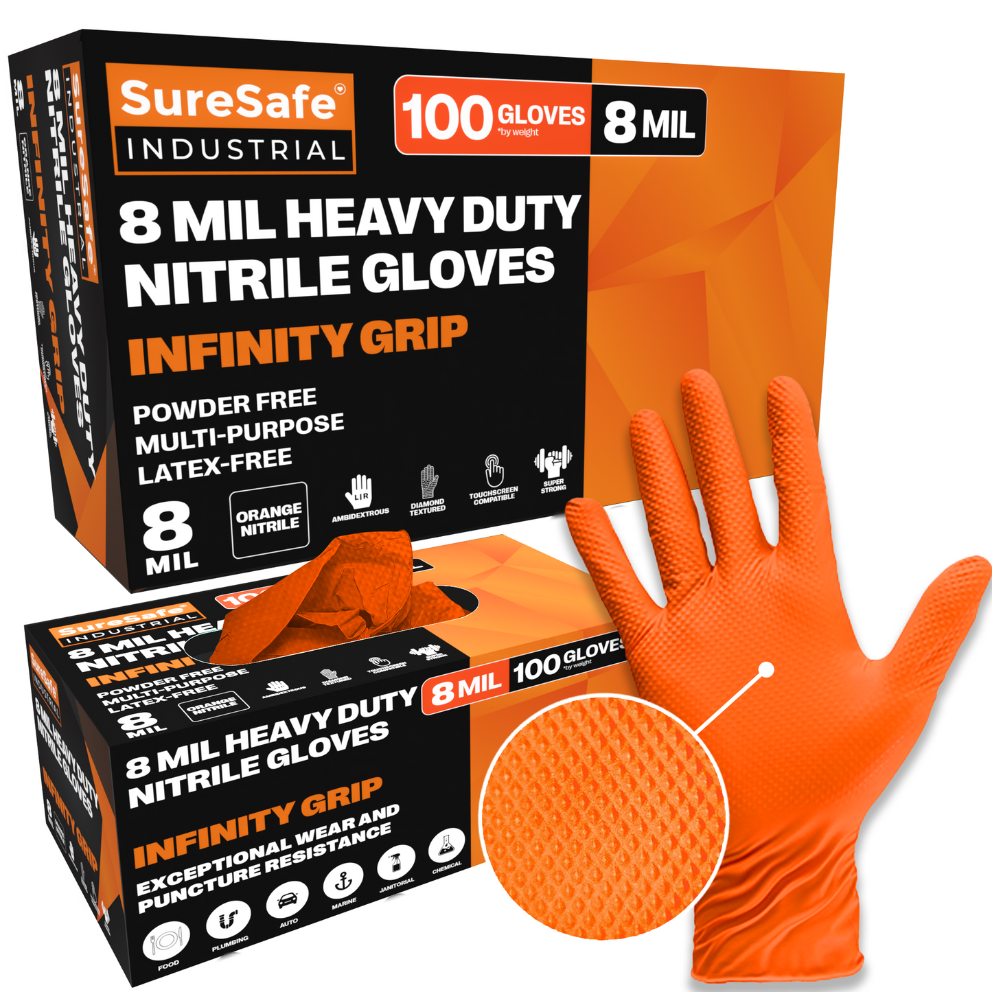 SureSafe INFINITY GRIP 8 mil Nitrile Gloves - Orange Diamond Grip