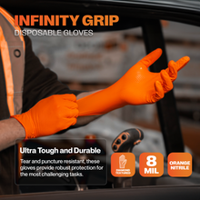 Load image into Gallery viewer, SureSafe INFINITY GRIP 8 mil Nitrile Gloves - Orange Diamond Grip