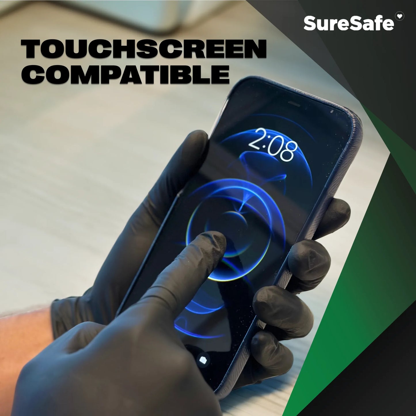 Person wearing black SureSafe OBS gloves using a smartphone to show touchscreen sensitivity for automotive professionals.