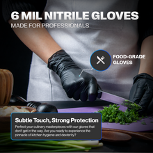 Load image into Gallery viewer, 6 mil of durable black nitrile gloves
