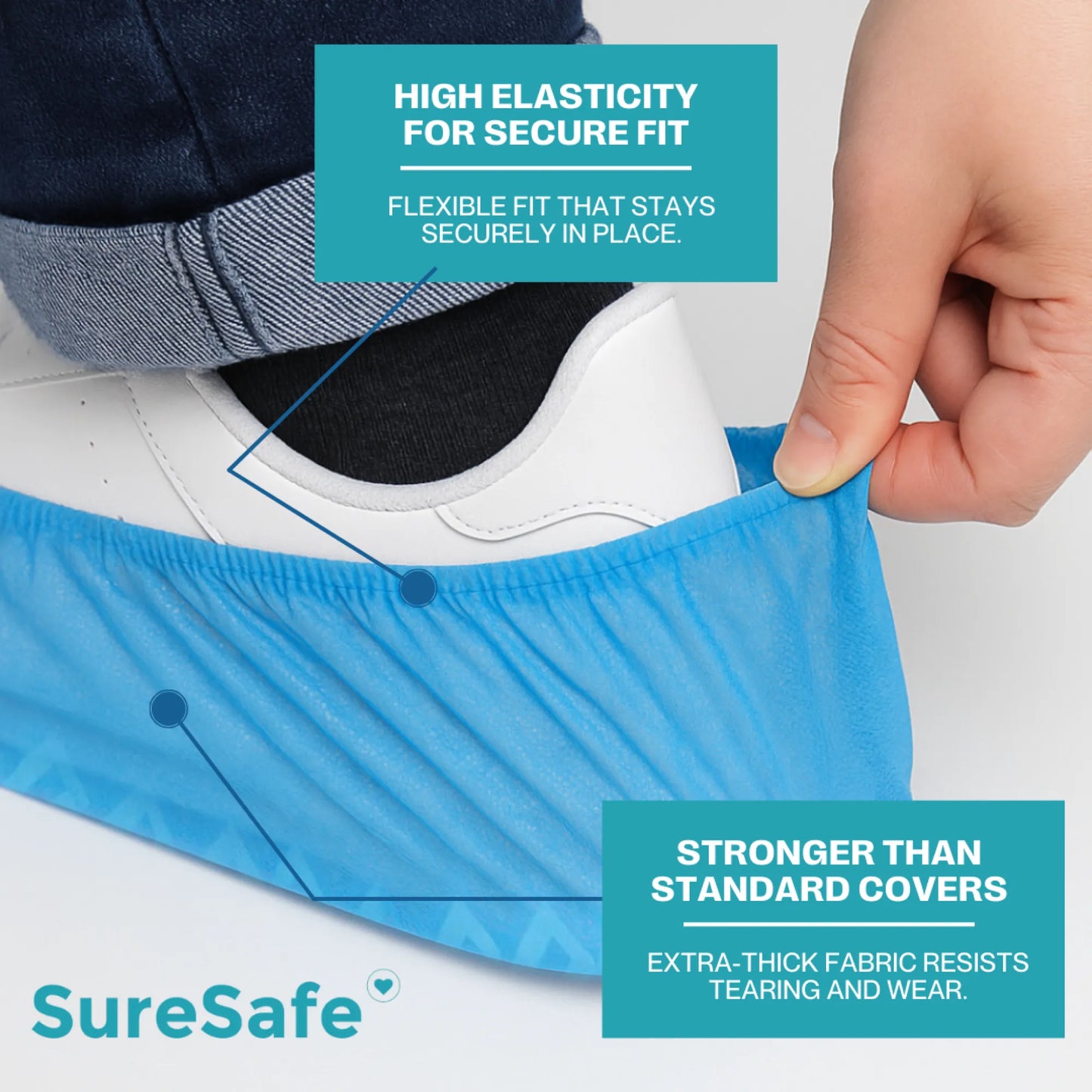 Close-up of SureSafe non-skid shoe cover treads designed for safety on tile, wood, and slippery indoor floors.