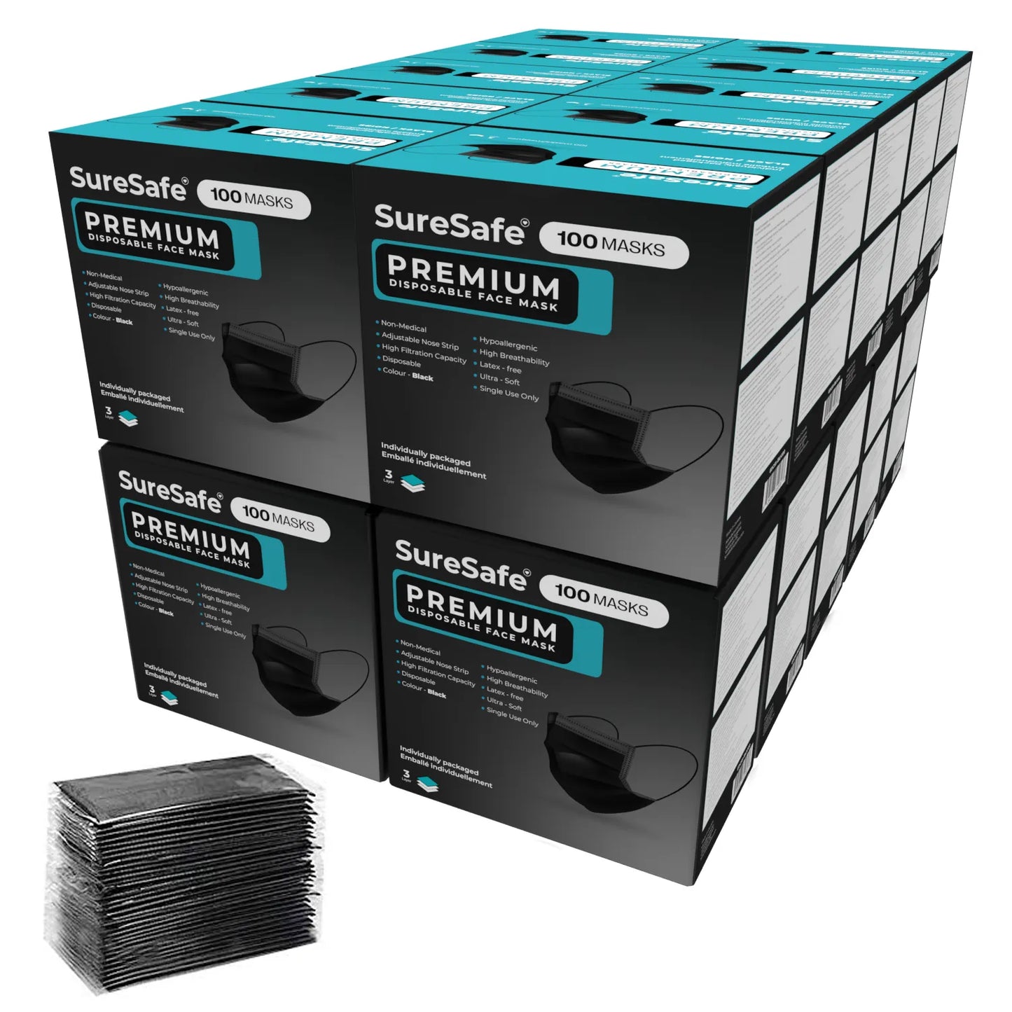 SureSafe Individually Wrapped Black Face Masks - 3-Ply, Ear Loop - 2000 Count