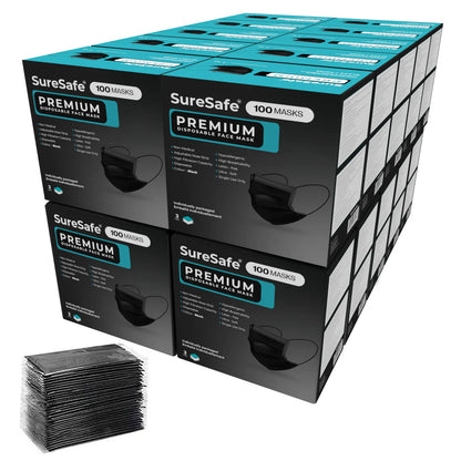 SureSafe Individually Wrapped Black Face Masks - 3-Ply, Ear Loop - 2000 Count