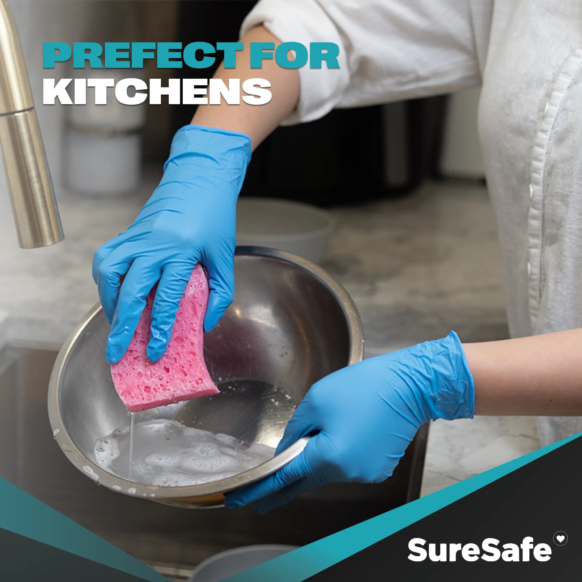 Professional using SureSafe GLACIER blue nitrile gloves for kitchen cleaning to show durability and comfort.