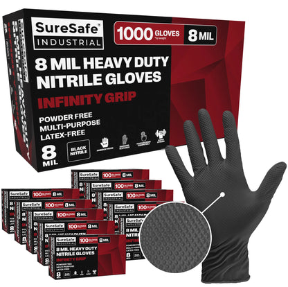SureSafe Infinity Grip Black Nitrile Gloves - 8 Mil, Heavy Duty, Diamond Textured - 1000 Count