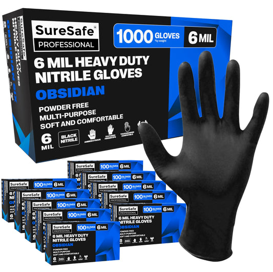 SureSafe OBSIDIAN SIX Heavy Duty Black Nitrile Gloves - 6 Mil, Puncture-Resistant - 1000 Count