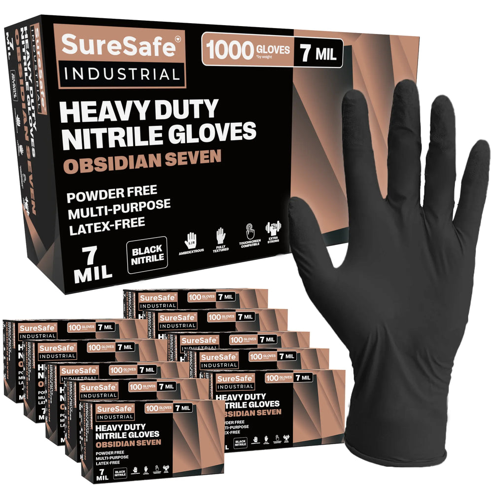 SureSafe OBSIDIAN SEVEN Heavy Duty Black Nitrile Gloves - 7 Mil, Solvent-Resistant - 1000 Count