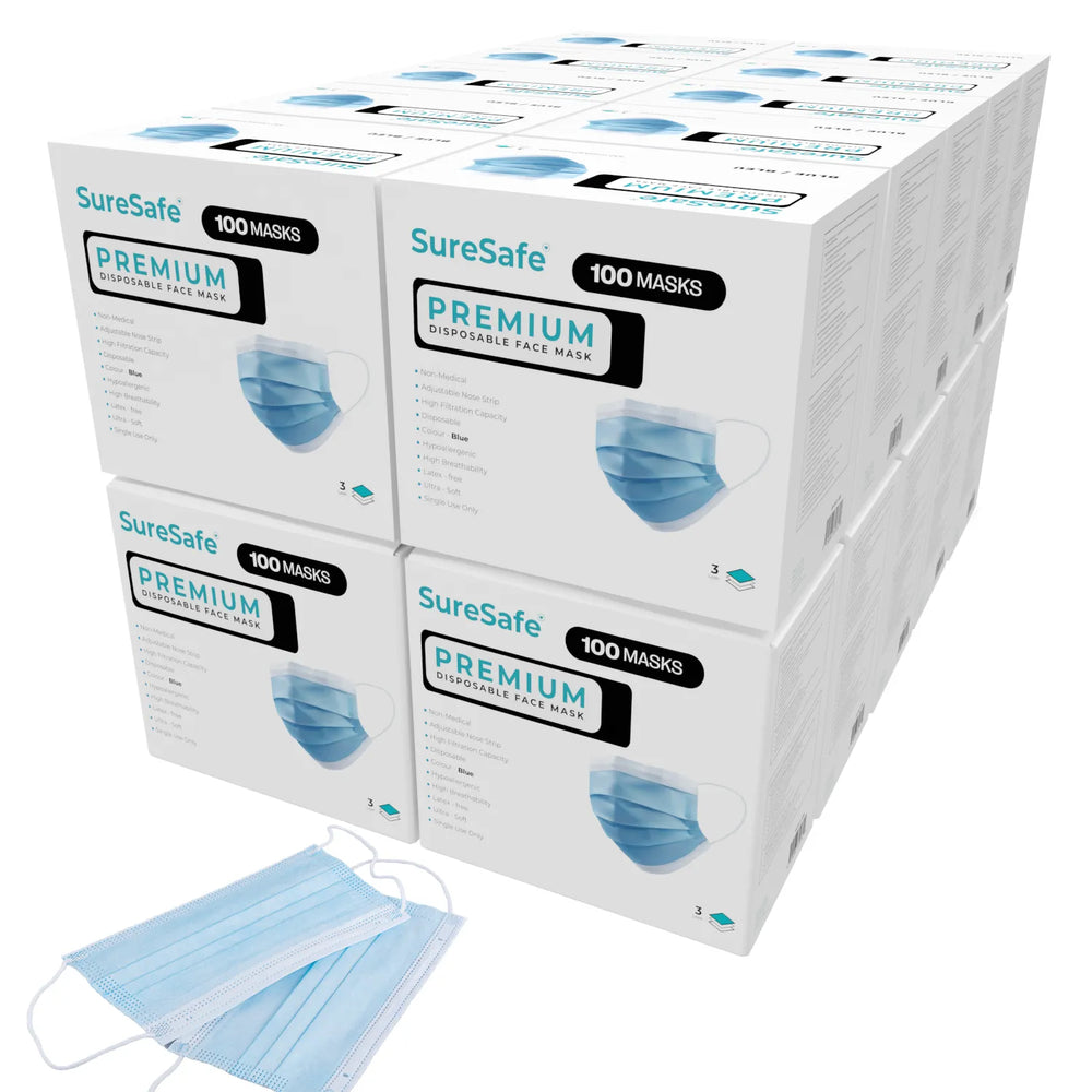 SureSafe Premium Disposable Face Masks - 3-Ply, Blue, Comfortable Ear Loops - 2000 Count