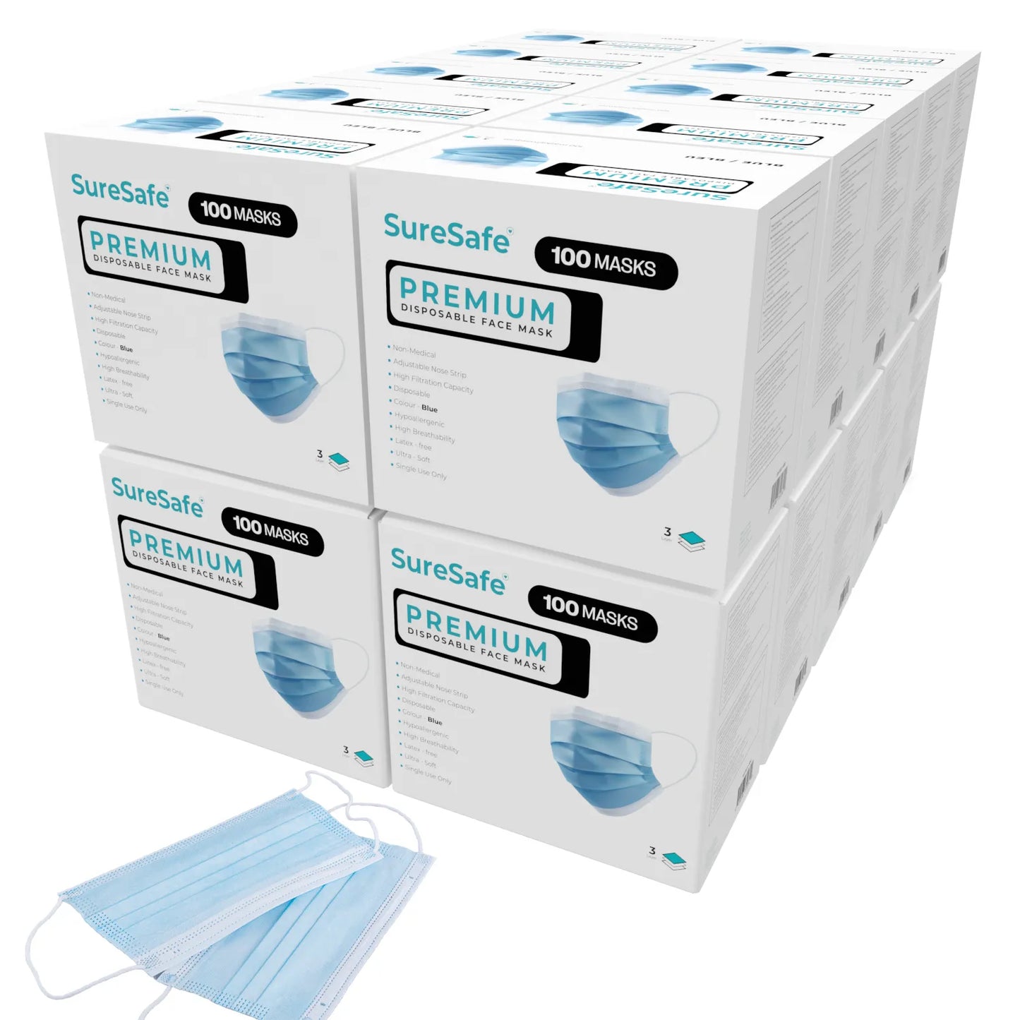 SureSafe Premium Disposable Face Masks - 3-Ply, Blue, Comfortable Ear Loops - 2000 Count