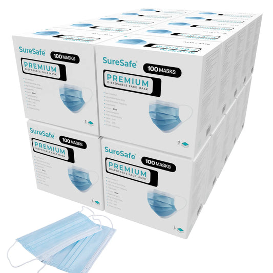 SureSafe Premium Disposable Face Masks - 3-Ply, Blue, Comfortable Ear Loops - 2000 Count