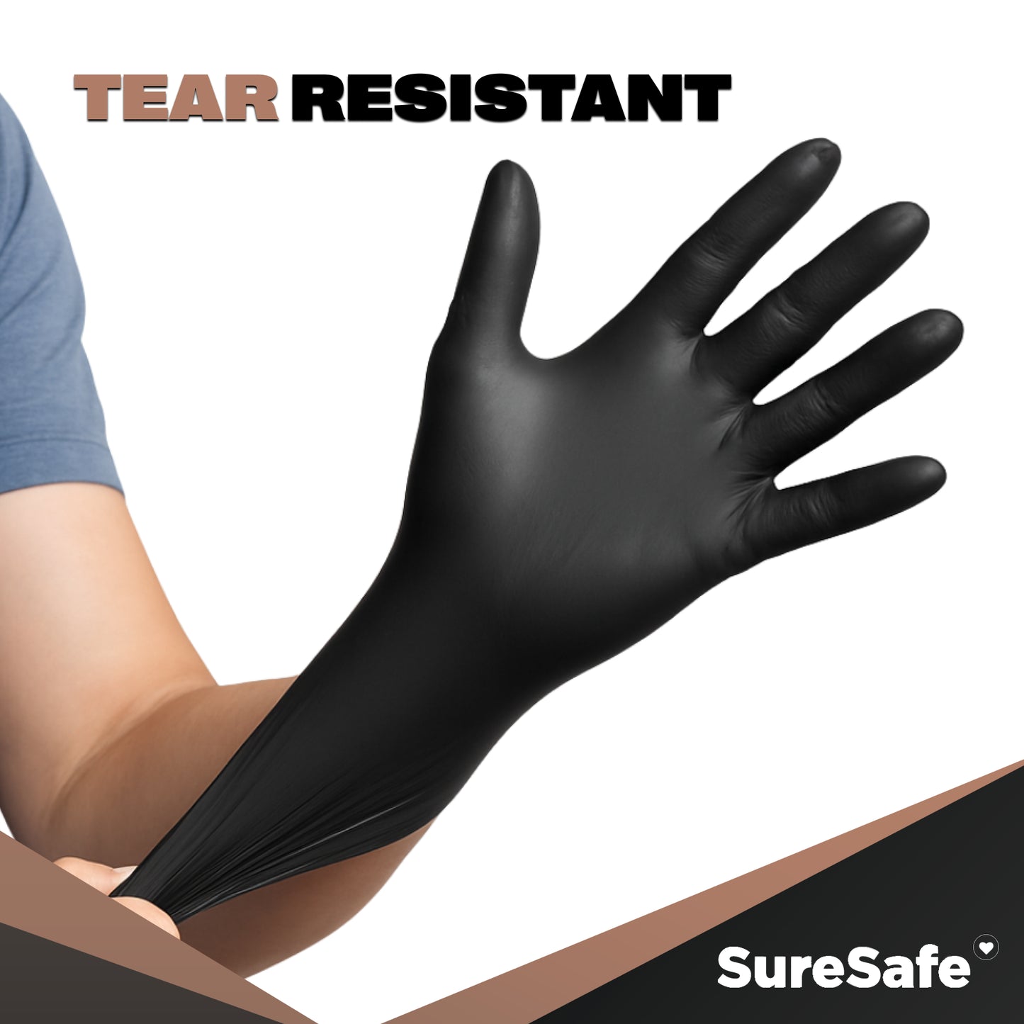 Durable SureSafe OBS7 tear resistant black disposable gloves being stretched to show high material strength.