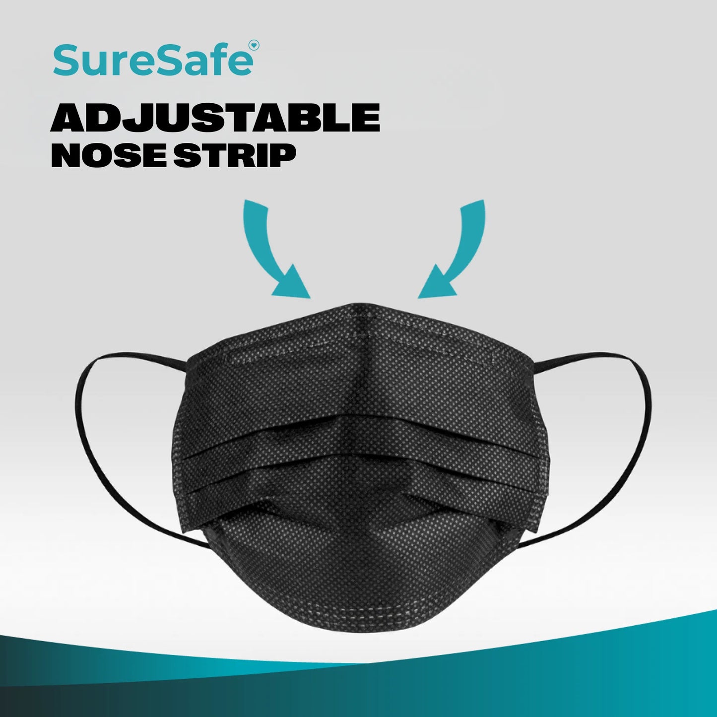 Detail view of the SureSafe medical mask adjustable nose strip for a secure seal.