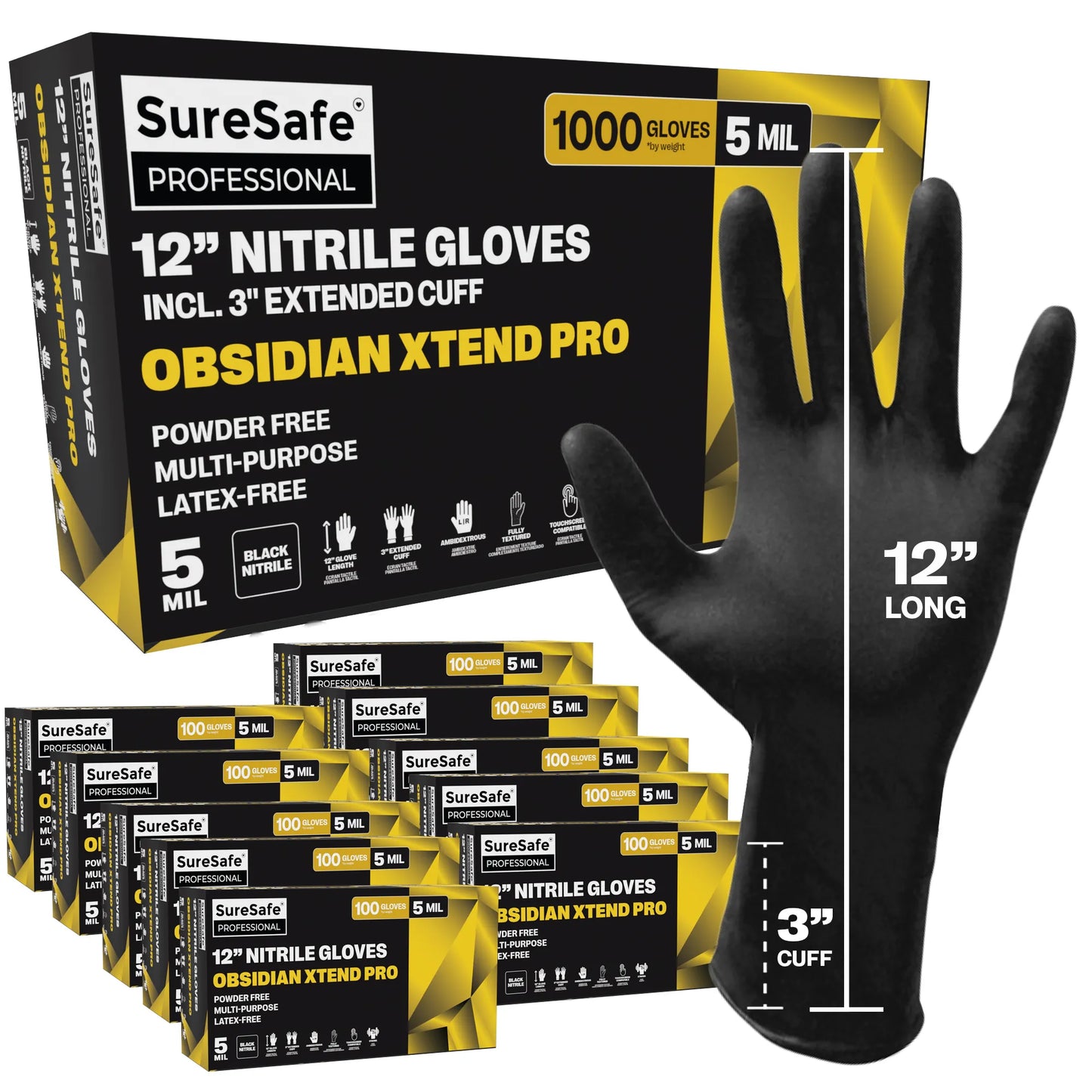 SureSafe OBSIDIAN XTEND PRO 12" Black Nitrile Gloves - 5 Mil, Extended Cuff - 1000 Count