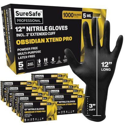 SureSafe OBSIDIAN XTEND PRO 12" Black Nitrile Gloves - 5 Mil, Extended Cuff - 1000 Count