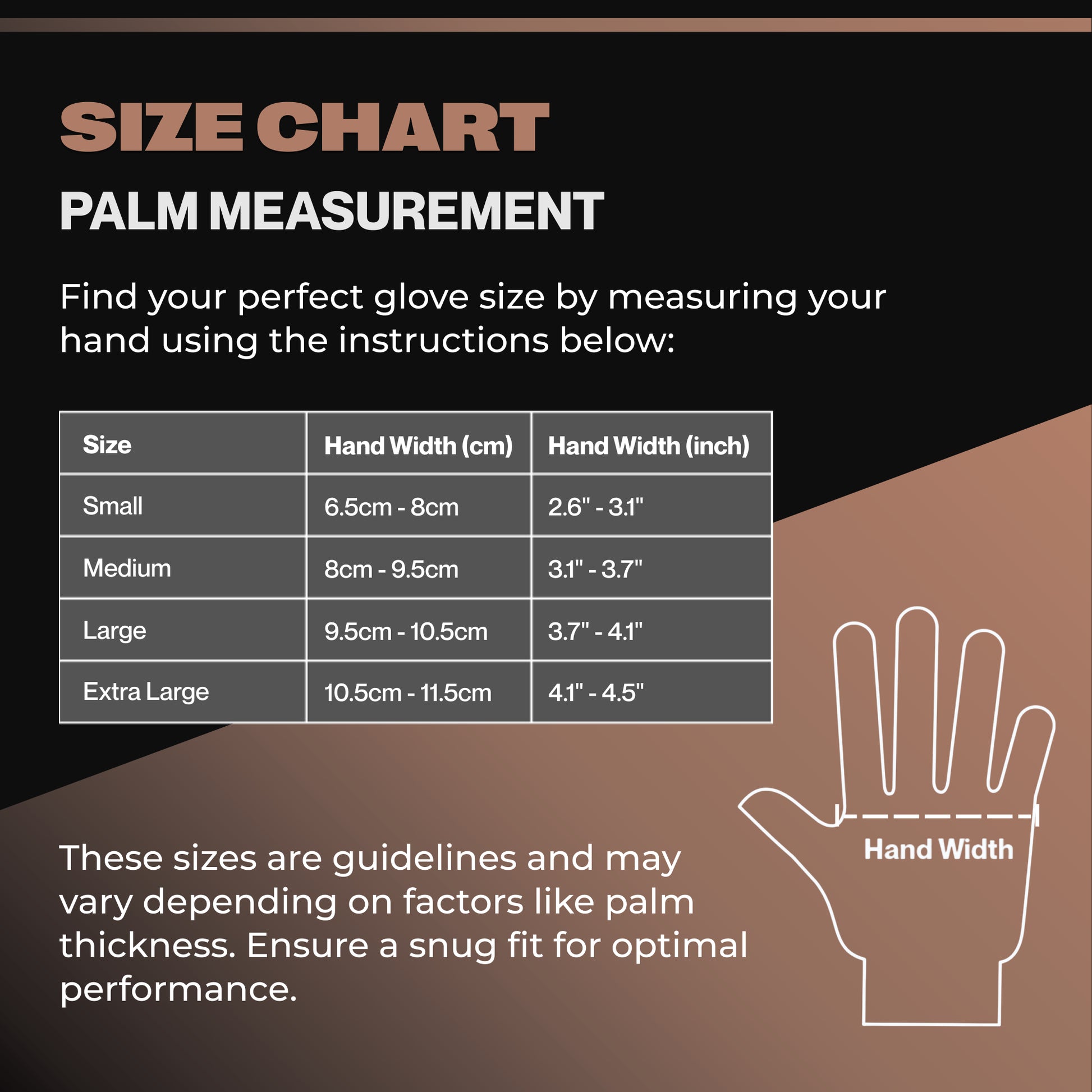 SureSafe glove size chart and palm measurement guide for Small, Medium, Large, and Extra Large sizes.