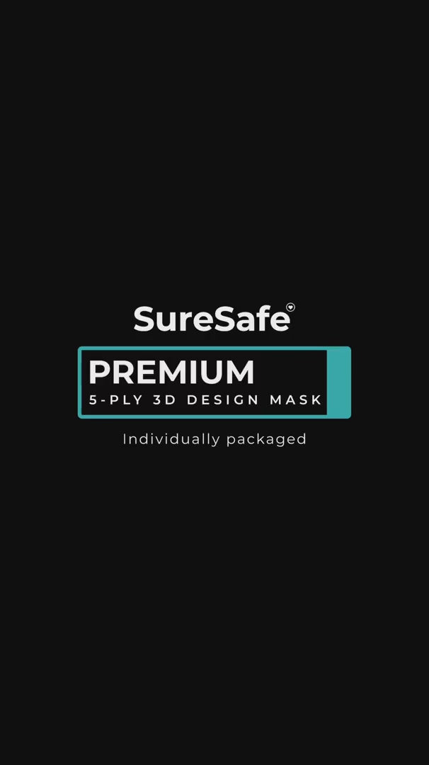 SureSafe Premium 5-ply 3D black masks: comfortable, individually packaged protection for commuting and professional work.
