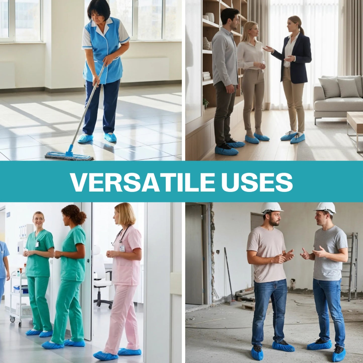 Collage showing SureSafe shoe covers used by medical staff, cleaners, and contractors for home and site safety.
