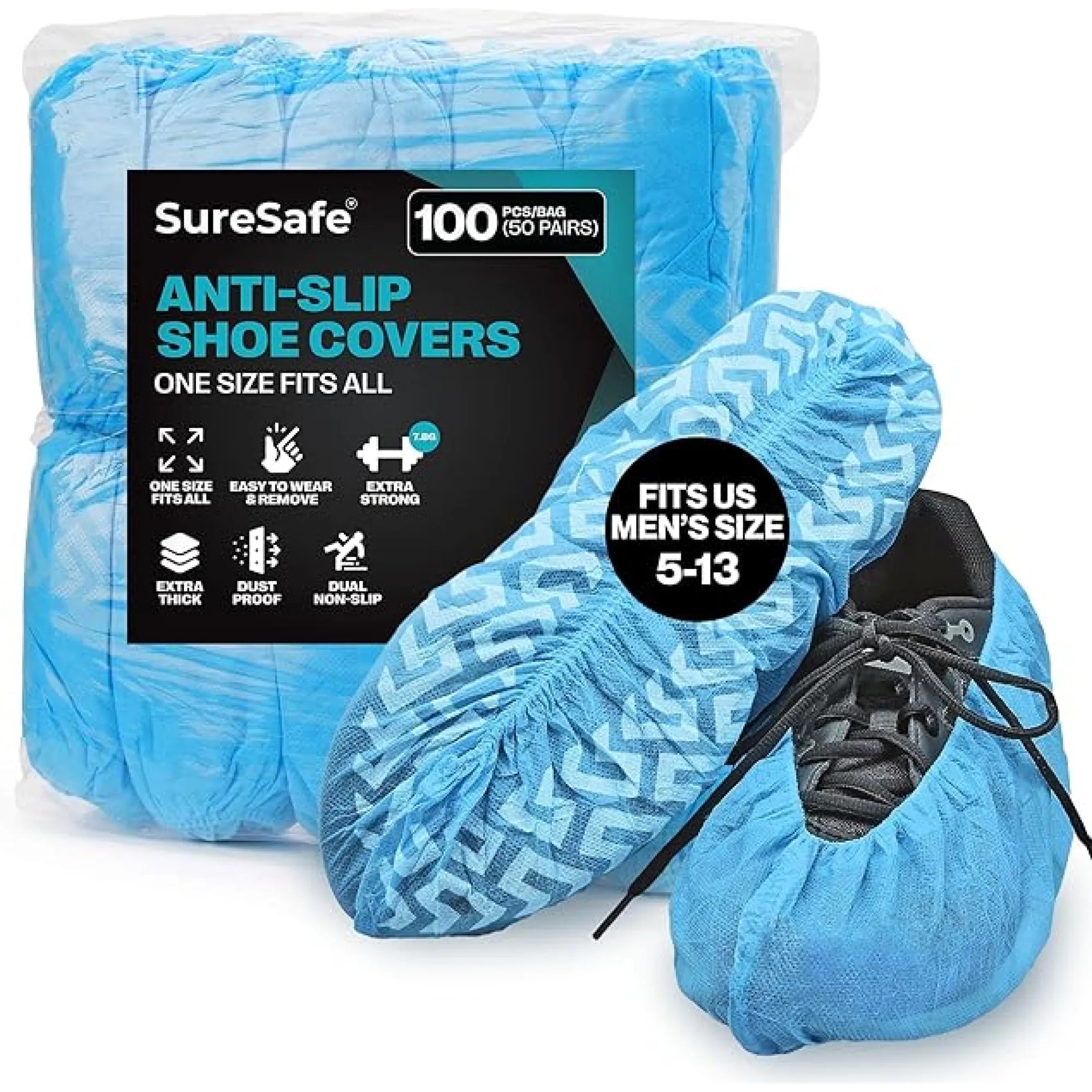 SureSafe anti-slip disposable shoe covers in bulk case, durable and extra-thick for professional floor protection.