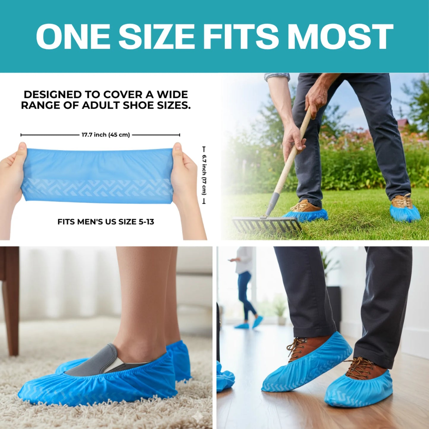 SureSafe blue disposable shoe covers showing a universal fit for adult shoe sizes 5 to 13 including work boots.