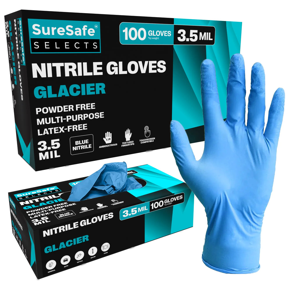 SureSafe Glacier Blue Nitrile Gloves - 3.5 Mil, Powder-Free - 100 Count