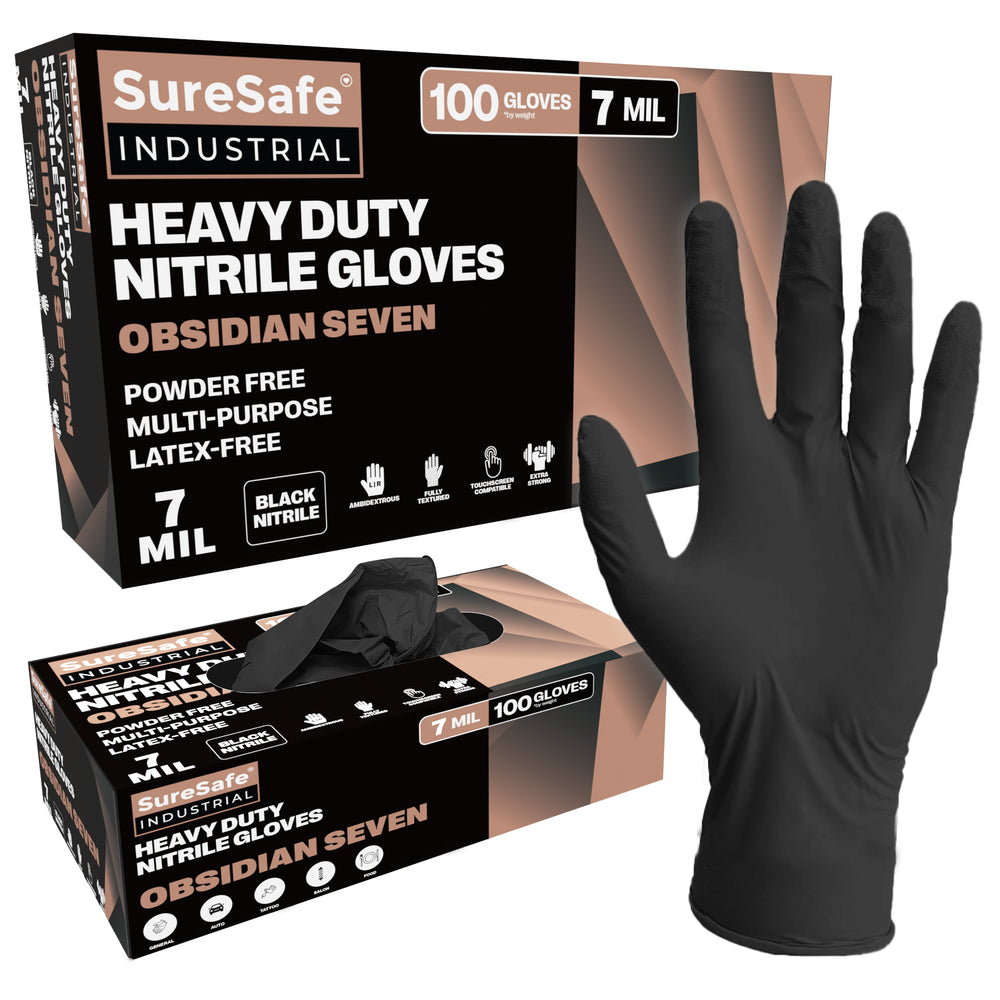SureSafe OBSIDIAN SEVEN Heavy Duty Black Nitrile Gloves - 7 Mil, Solvent-Resistant - 100 Count