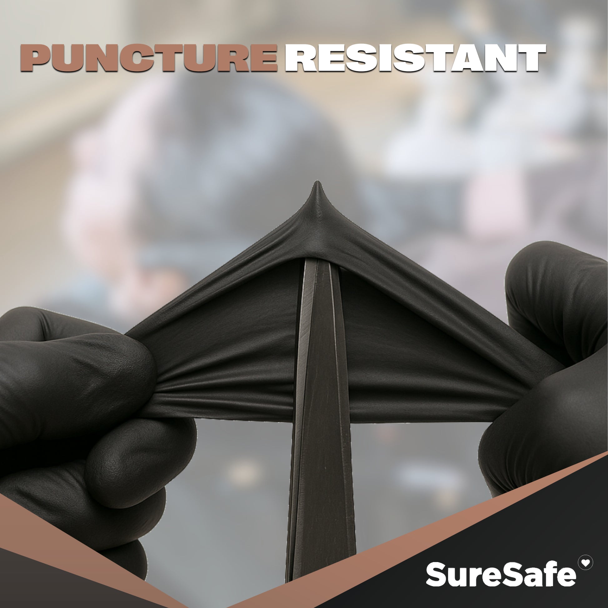 SureSafe OBS7 puncture resistant black 7 mil nitrile gloves being tested against a sharp metal point.