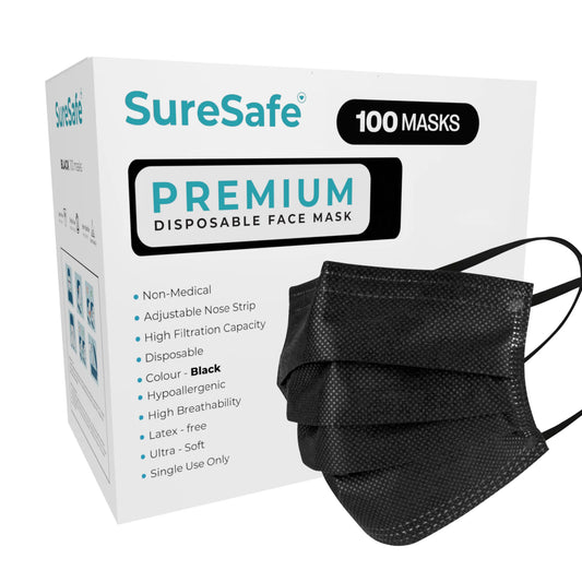 SureSafe black premium disposable face mask 100 count box
