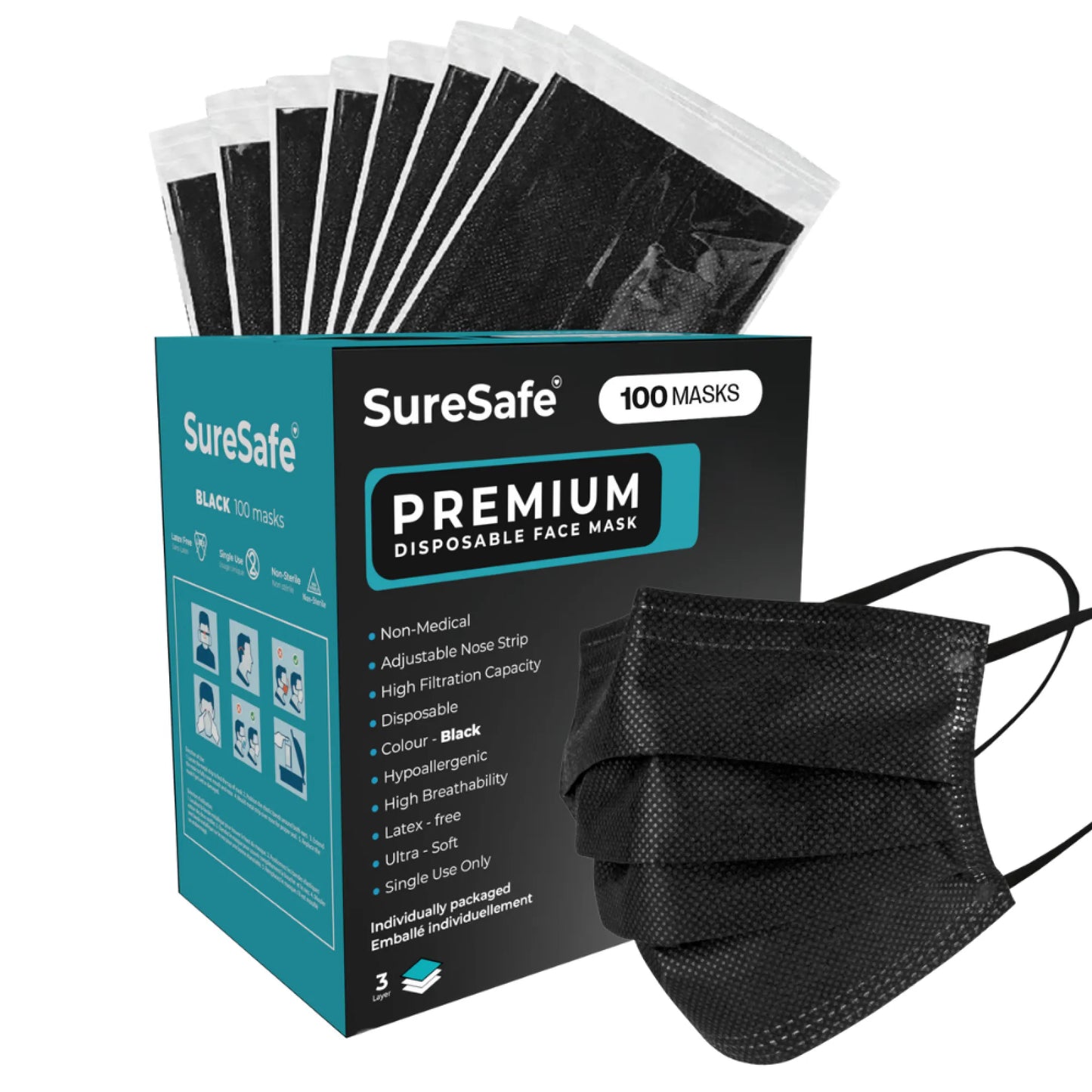 SureSafe Premium black face masks in a bulk box, 3-ply individually wrapped for hygiene and travel.