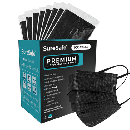 SureSafe Premium black face masks in a bulk box, 3-ply individually wrapped for hygiene and travel.