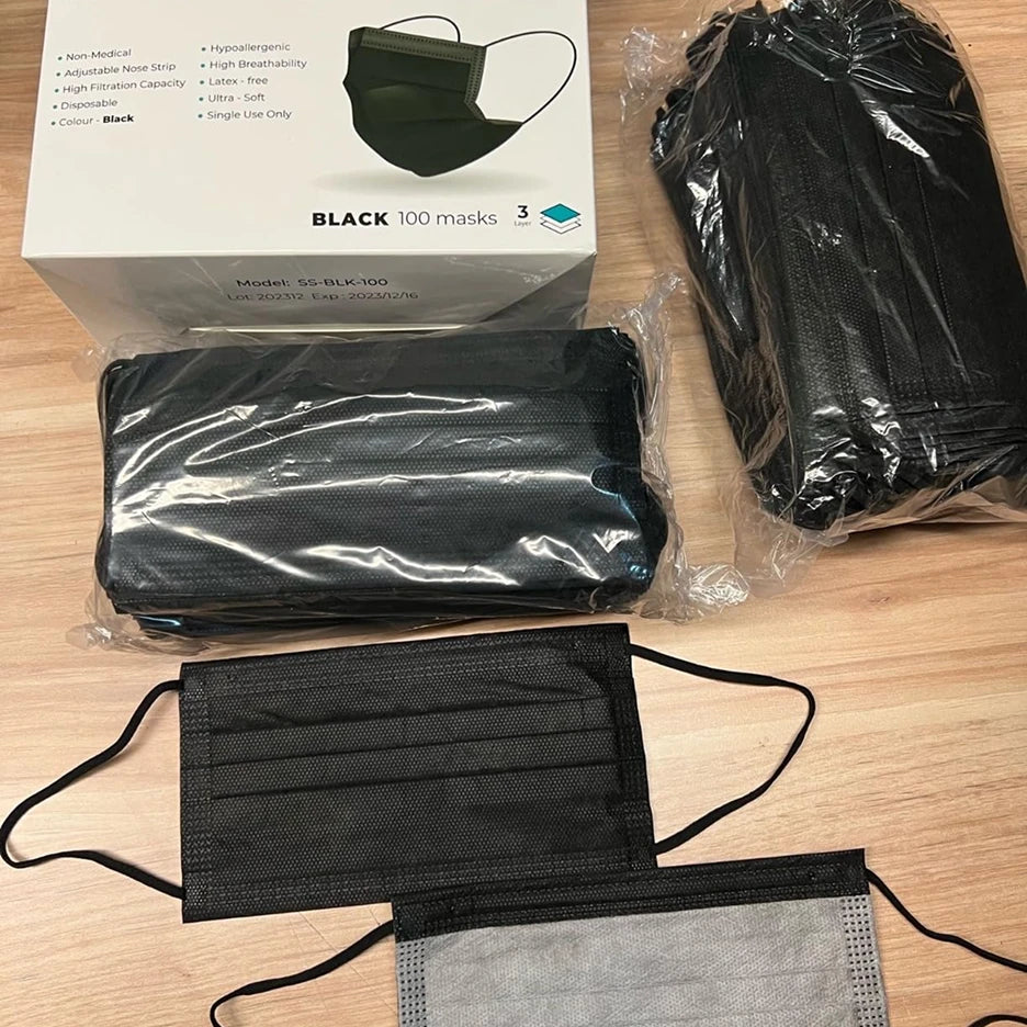 SureSafe Premium disposable mask featuring a 3-layer design, adjustable nose strip, and soft elastic ear loops.