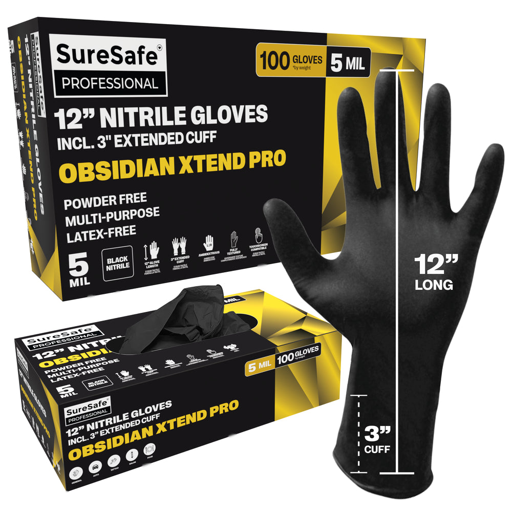 SureSafe OBSIDIAN XTEND PRO 12" Black Nitrile Gloves - 5 Mil, Extended Cuff - 100 Count