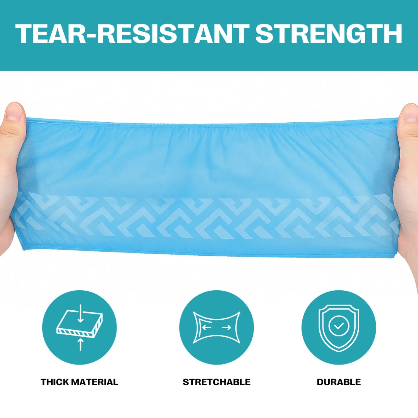 Demonstration of SureSafe tear resistant shoe cover being stretched to show high elasticity and material durability.