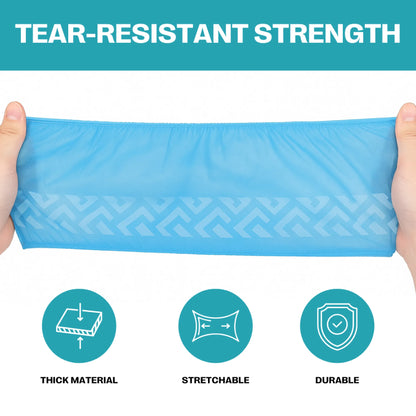 Demonstration of SureSafe tear resistant shoe cover being stretched to show high elasticity and material durability.