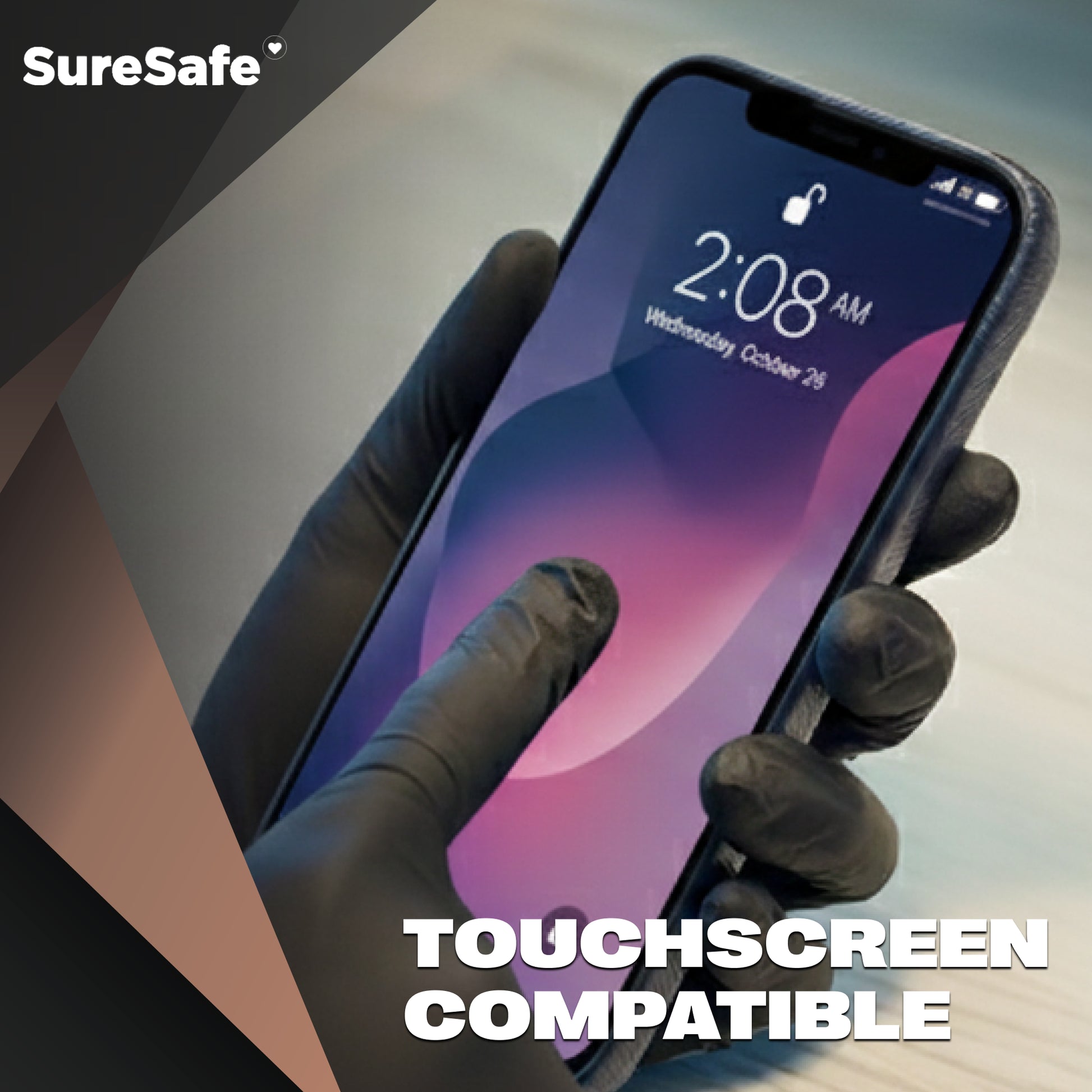 Person wearing black SureSafe OBS7 gloves using a smartphone touchscreen to show compatibility and sensitivity.