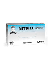 Load image into Gallery viewer, A box of Viking 3.5MIL Non-Medical Nitrile Gloves in the color blue. The box contains 100 gloves with the Viking logo on it. The gloves are made of nitrile and have a smooth surface texture. They are designed for non-medical use only and come in sizes ranging from small to extra large. The gloves are powder-free and latex-free, making them suitable for those with allergies.
